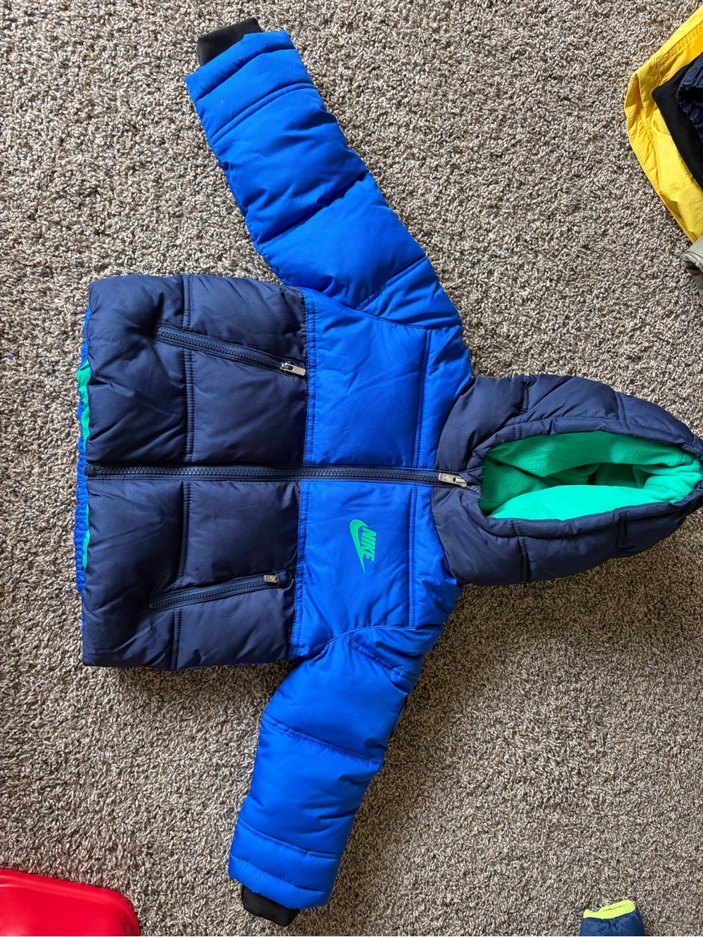 Nike Boys Blue & Navy Hooded Puffer Jacket with Green Logo